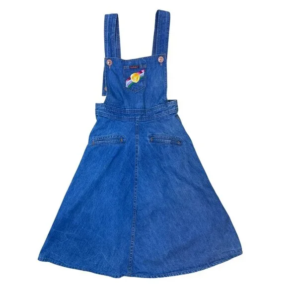 Vtg 70's Landlubber Denim Overall Pinafore Jumper Dress Rainbow Embroidery Retro - Picture 11 of 14